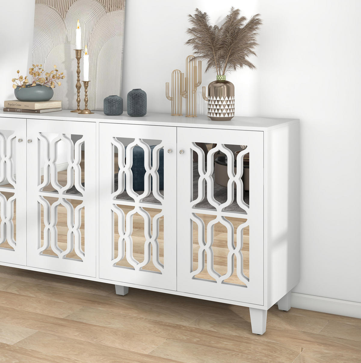 SIDEBOARD in Weiß mit verspiegelter Oberfläche, 4 Türen und kristallförmigen Glasgriffen, 160/40/84 cm, Weiß - Weiß, Holzwerkstoff (160/84/40cm) - Redom