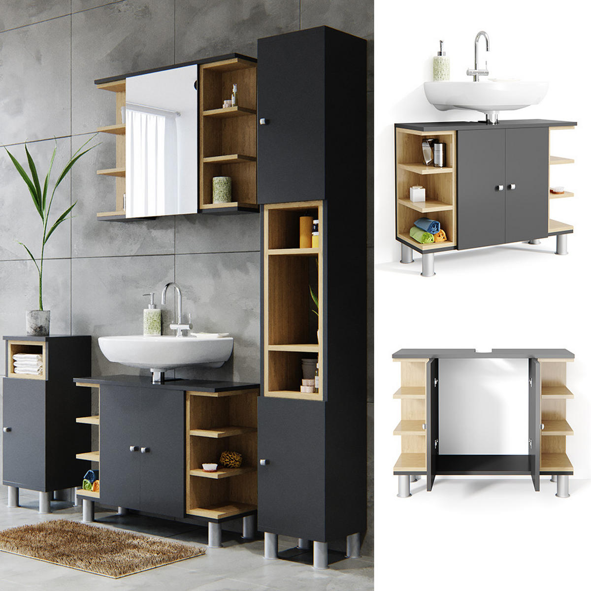 WASCHBECKENUNTERSCHRANK Aquis Anthrazit 79.6 x 64 cm - Anthrazit, Holzwerkstoff (79.6/64/32cm) - Vicco