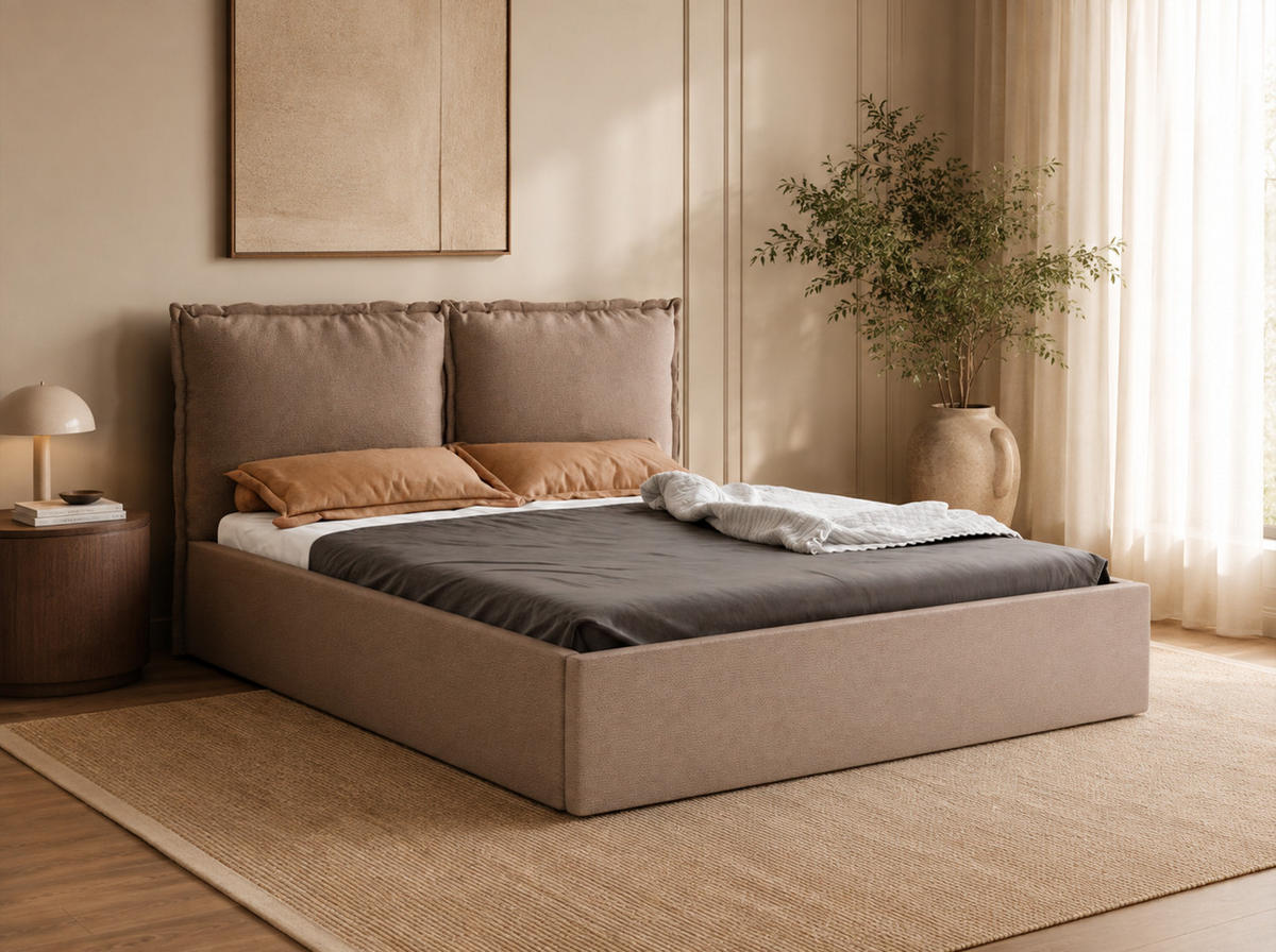 POLSTERBETT MIRA 180x200 cm mit Bettkasten, Stauraum und Metall-Lattenrost – VIBE Braun - Schwarz/Braun, Textil/Metall (180/200cm) - Luxkor24
