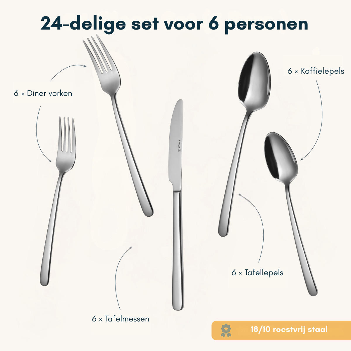 BESTECKSET Donau - 18/10 Edelstahl - 24-teilig / 6 Personen - Silberfarben, Metall - Sola