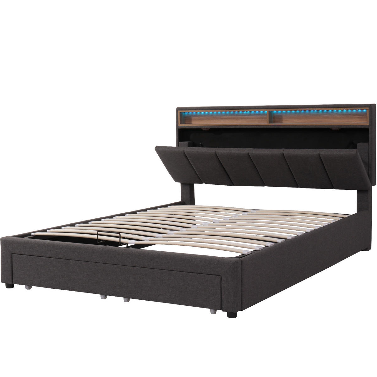 POLSTERBETT 180x200 cm LED Schubladen Stauraum Kopfteil Leinen grau - Grau, Holz (180/200cm) - LEBENLANG