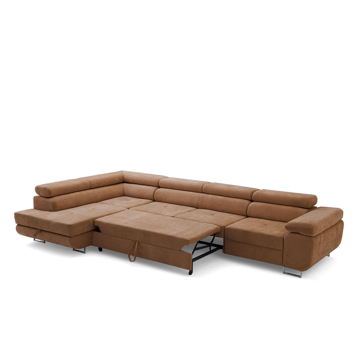 ECKSOFA WILD MAXI L Links mit Schlaffunktion 125x195 Chenille Braun - Chromfarben/Braun, Holz/Textil (350/203cm) - Muffo