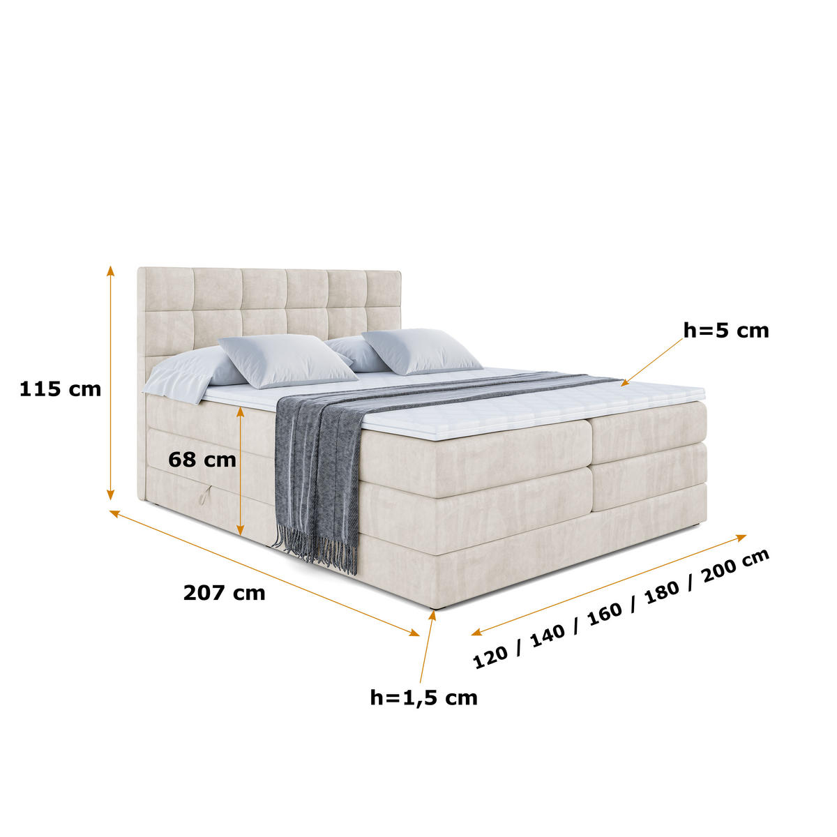 BOXSPRINGBETT APO KING - 140 x 200 - H3/H4 - Ecru - Ecru, Holzwerkstoff (140/200cm) - ALTDECOR