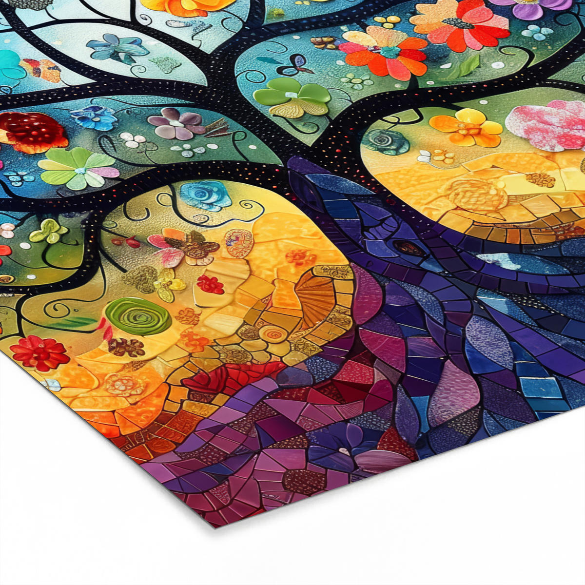 POSTER MIT RAHMEN Kunst - Baum des Lebens - Blumen - Hippie 40x40 cm - Dunkelblau, Papier (40/40cm) - MuchoWow