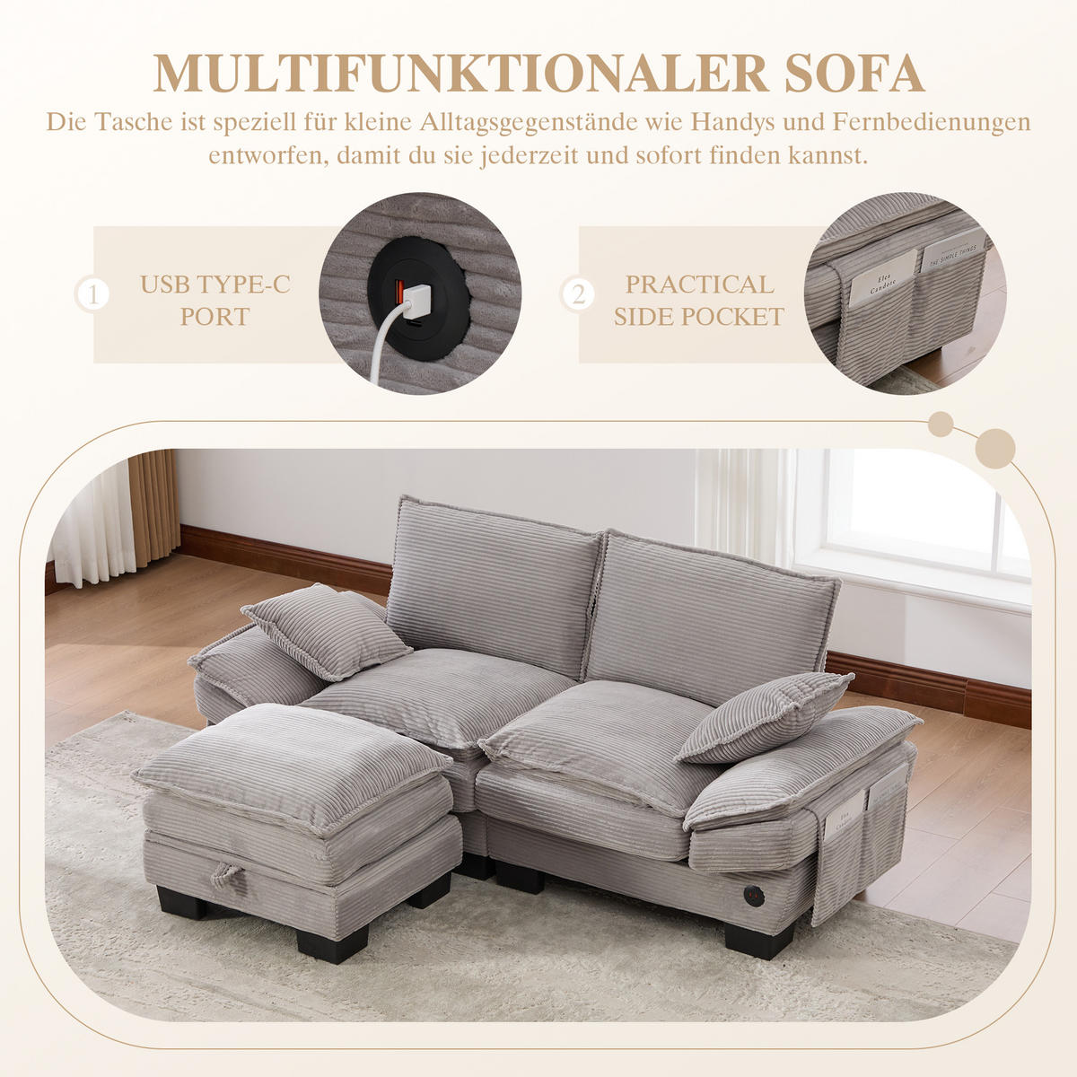 ECKSOFA mit USB-C-Anschluss,Seitentaschen und Hocker in Hellgrau - Hellgrau, Textil (190/132cm) - EVRYAE