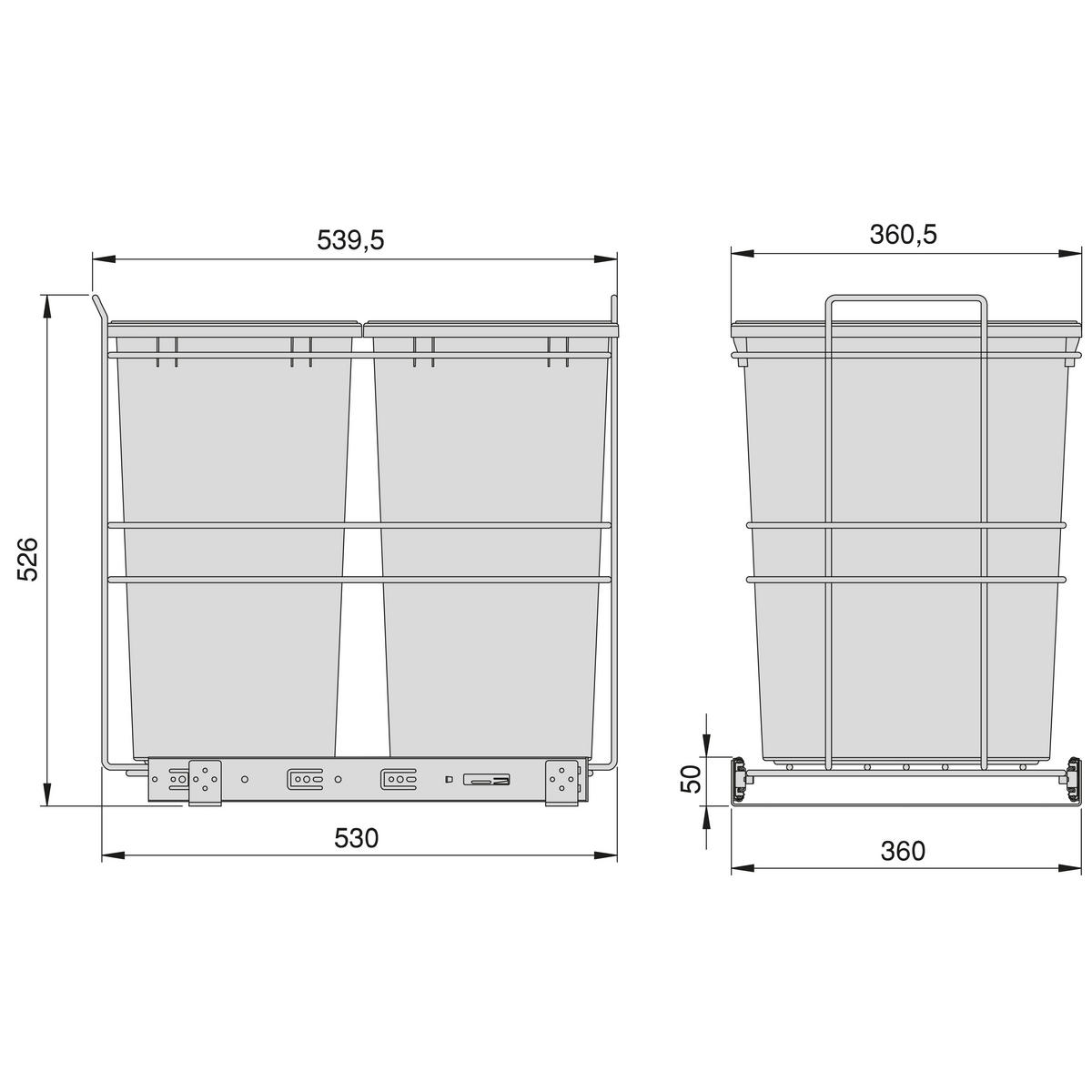 RECYCLINGBEHÄLTER für Bodenmontage und manuellen Auszug in Küchenzeile, 2x35 Liter, Kunststoff, anthrazitgrau - Anthrazit, Metall (53.5/37/56cm) - EMUCA