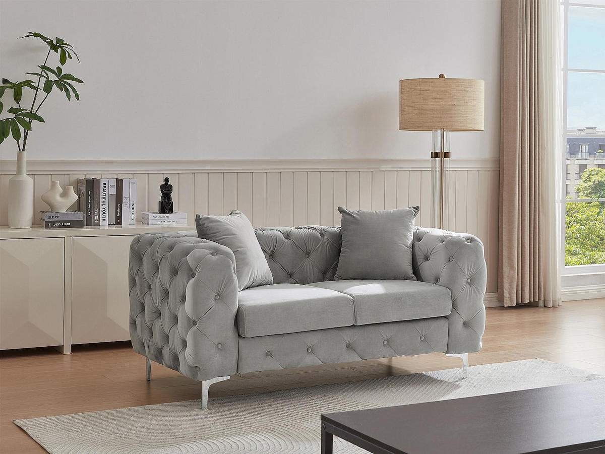 CHESTERFIELD-SOFA 2-Sitzer - Samt - Hellgrau - EDWINA - Hellgrau, Textil (162/76/91cm) - Vente-Unique