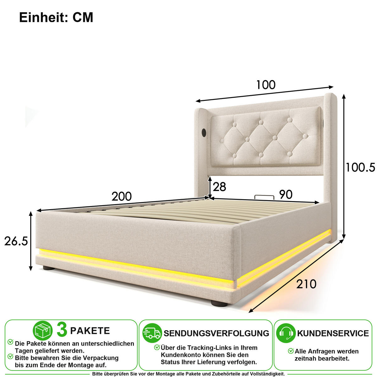 ČALOUNĚNÁ POSTEL 90/200 cm v béžové barvě s úložným prostorem, LED a USB-C - béžová, kov/kompozitní dřevo (90/200cm) - CHICFURN