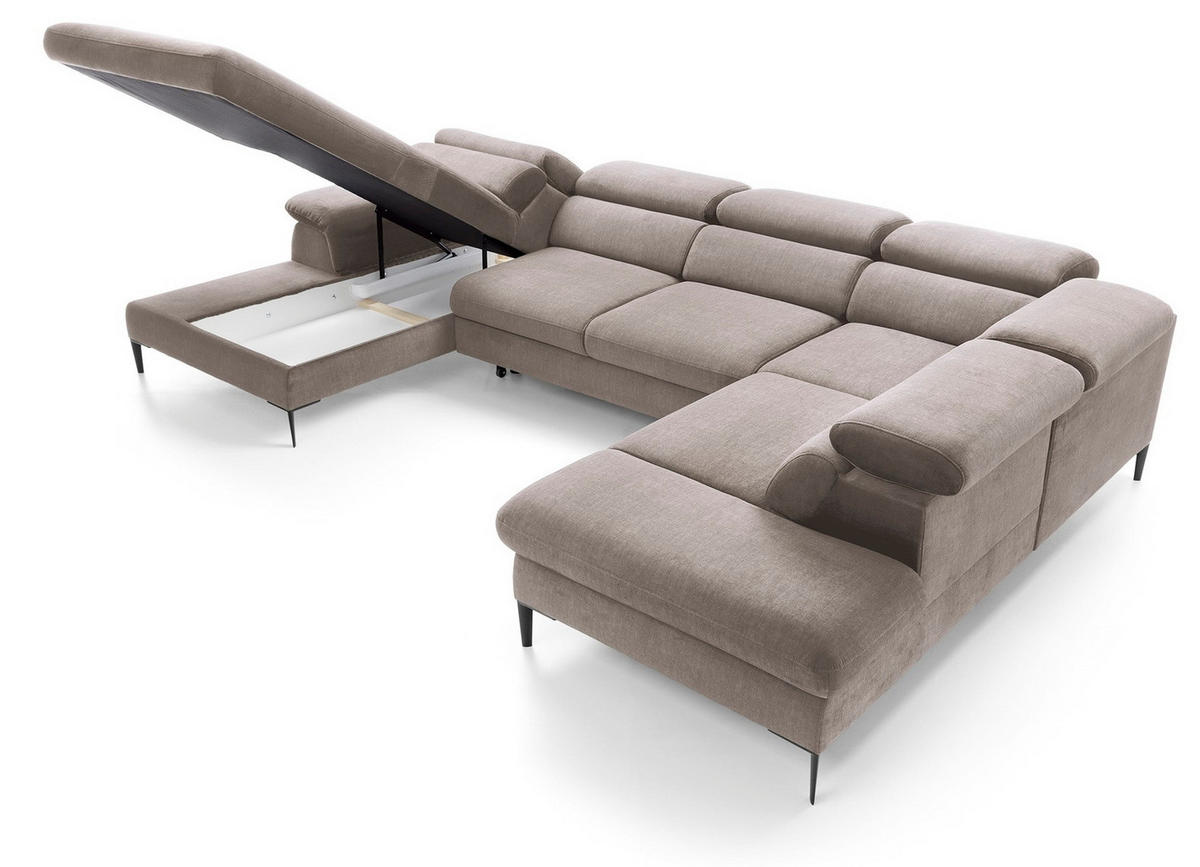 ECKSOFA U-Form 350 cm Amaro M mit Schlaffunktion, Links, Dunkelbeige - Cappuccino, Holz (214/353cm) - Emporius