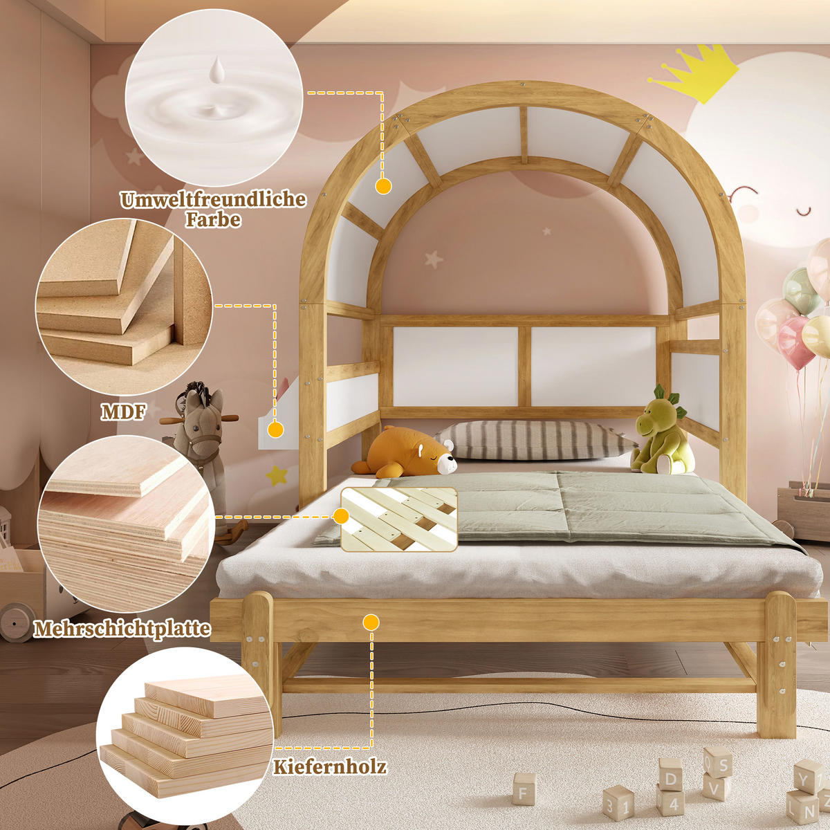 HAUSBETT 140/200 cm Ausziehbar mit Schiebebett Weiß+Natur aus Kiefer - Weiß, Holzwerkstoff (140/200cm) - OKWISH