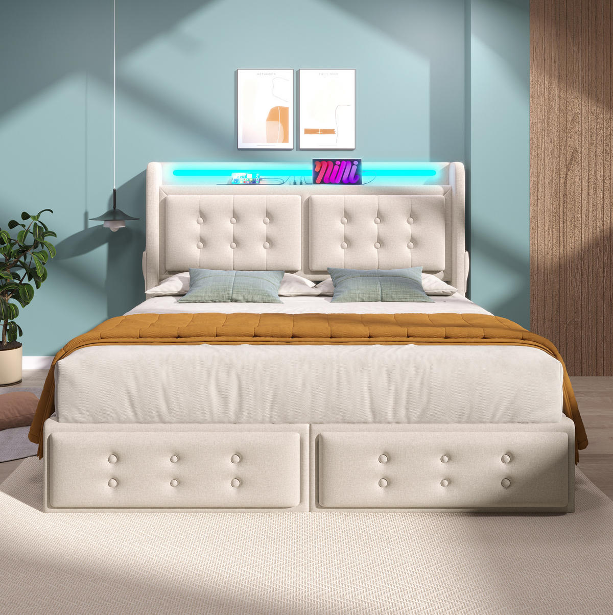 ČALOUNĚNÁ postel 140/200 cm z bavlněného lnu béžová, s LED osvětlením, USB-C a 4 zásuvkami - béžová, textil (140/200cm) - BEAOK