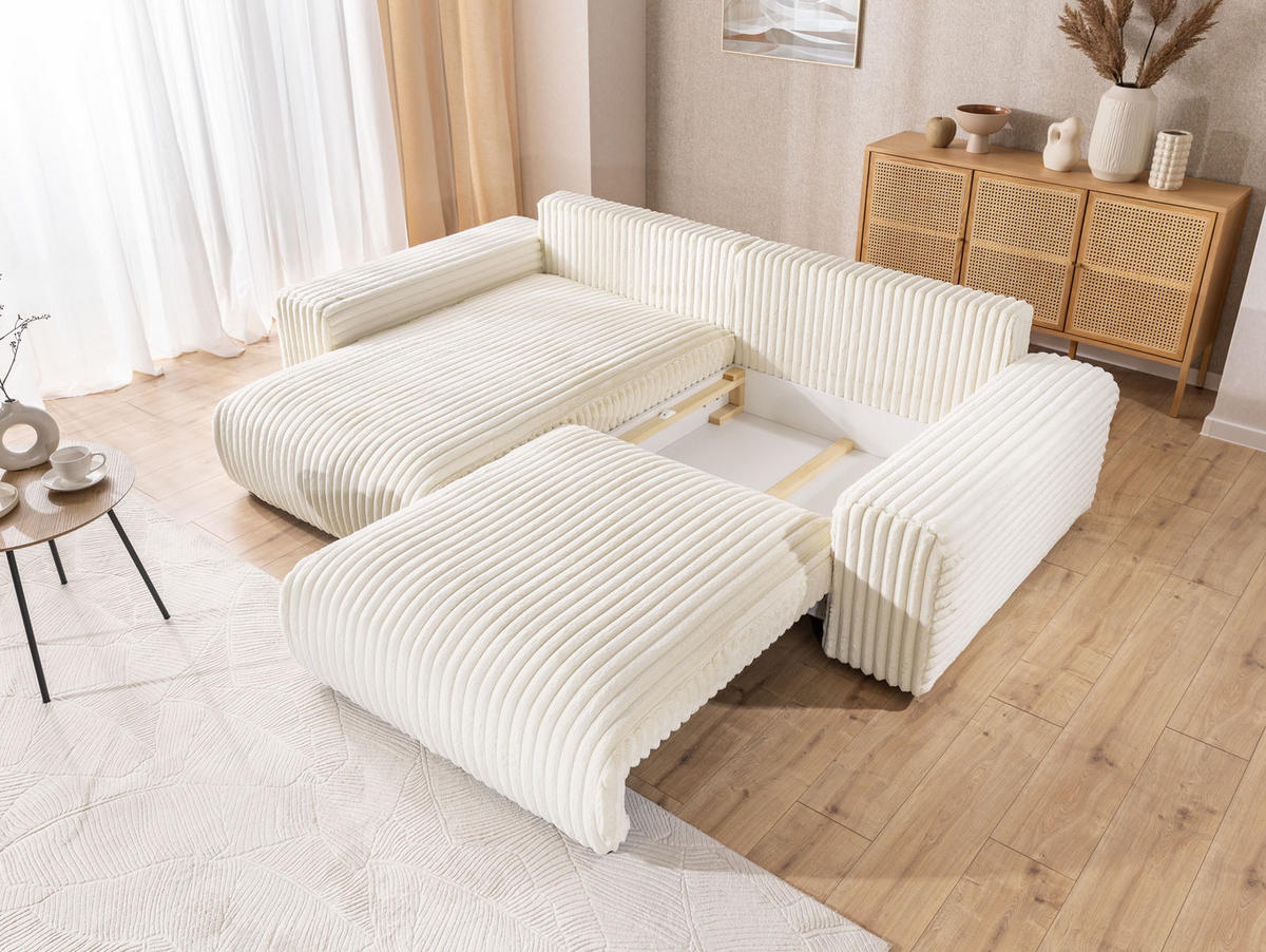 ECKSOFA Mollis Hellbeige Plüschcord - Ottomane Links - Beige/Schwarz, Holz/Kunststoff (255/168cm) - S-Style Möbel
