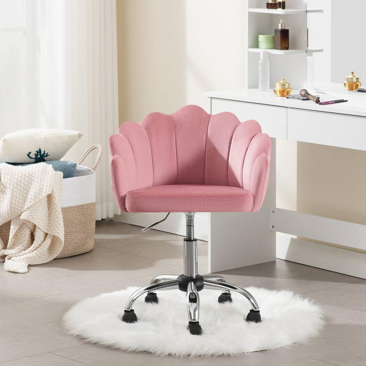 DREHSTUHL Samt Stoff, Metallrahmen, Rosa - Schwarz/Rosa, Textil/Metall (55/72/50cm) - Woltu