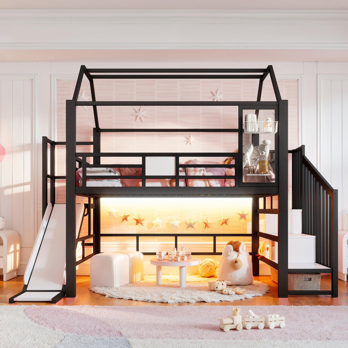 KINDERHOCHBETT MDF & Metall 140x200 cm Schwarz mit Rutsche, Treppe, Stauraumfächern und LED-Beleuchtung - Schwarz, Holzwerkstoff (140/200cm) - Modfu