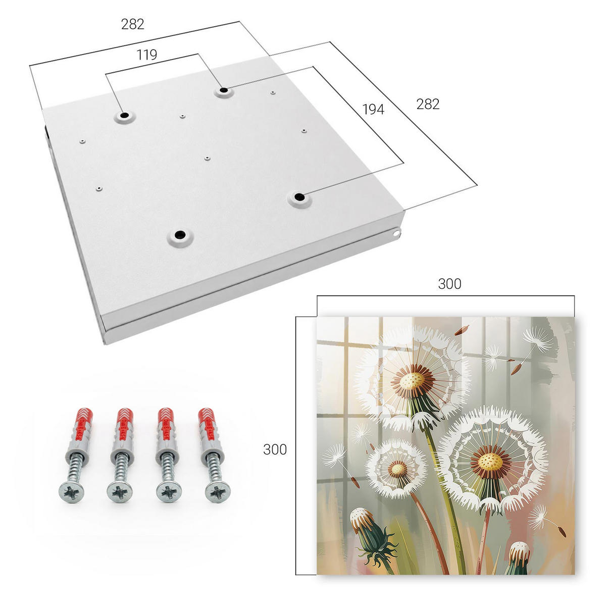 SCHLÜSSELBOX Weiß 30x30 cm – Türöffnung nach rechts - Zarte Löwenzahnblüten - Grau, Metall (30/30/5cm) - TULUP