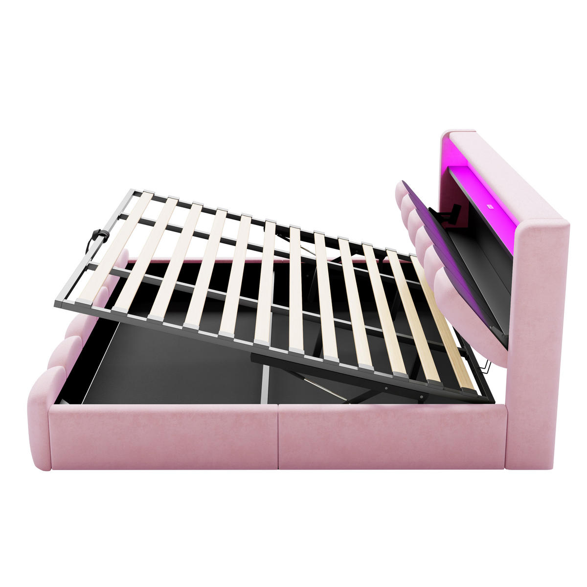 STAURAUMBETT 180/200 cm mit LED, USB-C und Hydraulik, DE-02093, in Rosa - Pink, Metall (180/200cm) - ComfortXL
