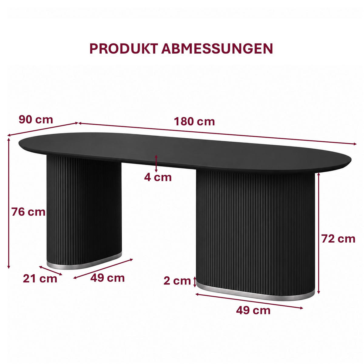 ESSTISCH Oval Schwarz 180 × 90 cm geriffeltes Säulengestell mit silberfarbenen Akzenten - Schwarz, Holzwerkstoff (90/180/76cm) - HOOZ