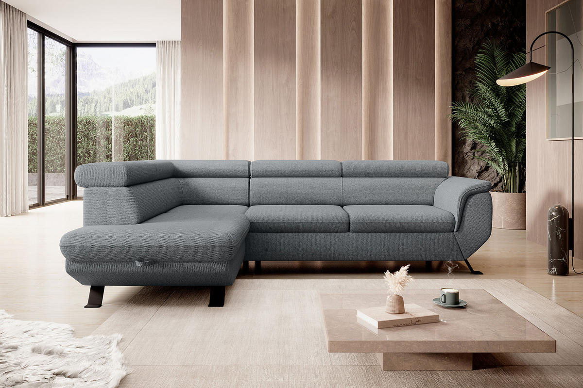ECKSOFA RAVEN L mit Schlaffunktion und Bettkasten, Freistehend, Polstersofa mit Verstellbaren Kopfstützen, 257x198x96 cm, Linke, Grau - Grau, Holz/Textil (198/256cm) - DomoHome