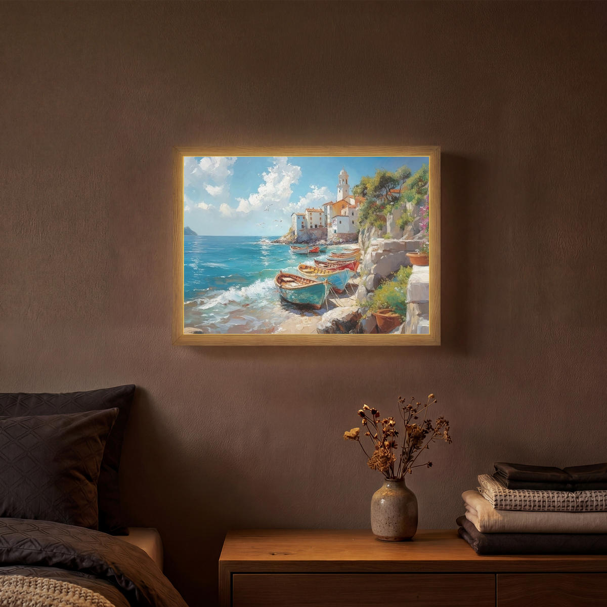 NÁSTĚNNÁ LAMPA S AKUMULÁTOREM Lodě - skály - moře - slunce 40x30 cm - modrá, kompozitní dřevo (40/30/8cm) - OnlyWow