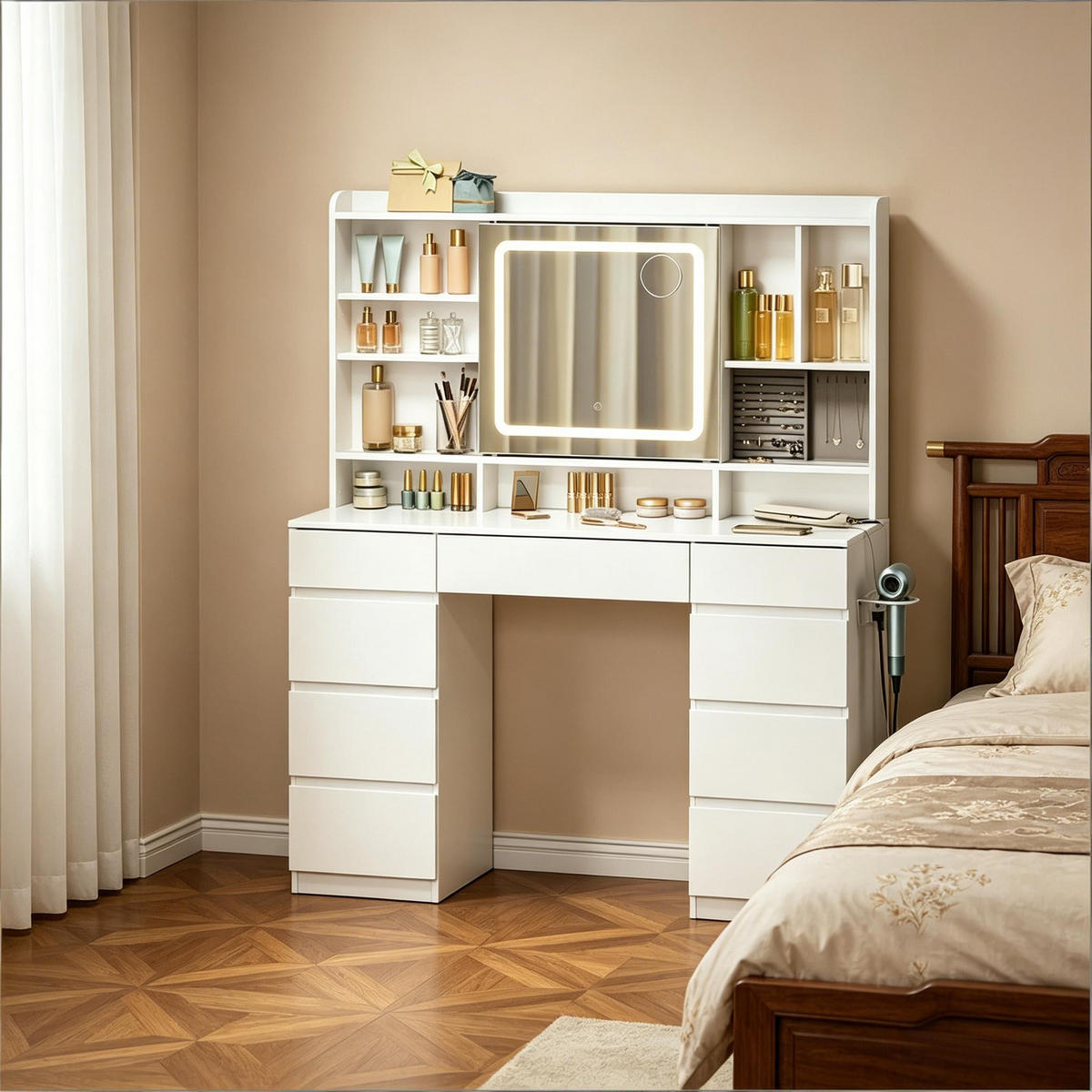 SCHMINKTISCH,MIT vielseitigem Speicherplatz,134.5*80*40 cm - Weiß, Glas (110/140/40cm) - Vallsero