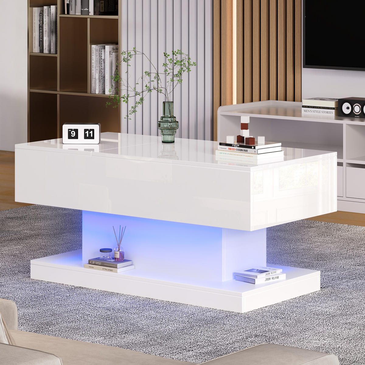 COUCHTISCH in Weiß Hochglanz-Lift-Teetisch mit LED-Beleuchtung für Wohnzimmer, B100/T50/H45cm - Weiß, Holzwerkstoff/Metall (50/100/45cm) - STILVORA