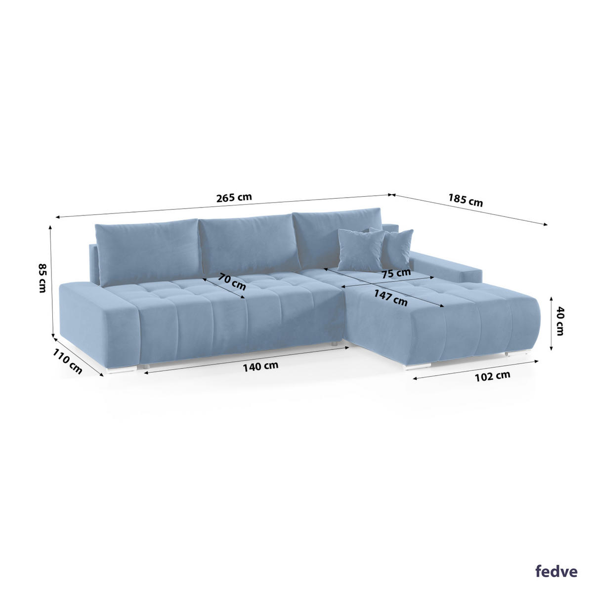 ECKSOFA mit Schlaffunktion Dhaka L, Dunkelblau - Blau, Textil (185/265cm) - Fedve