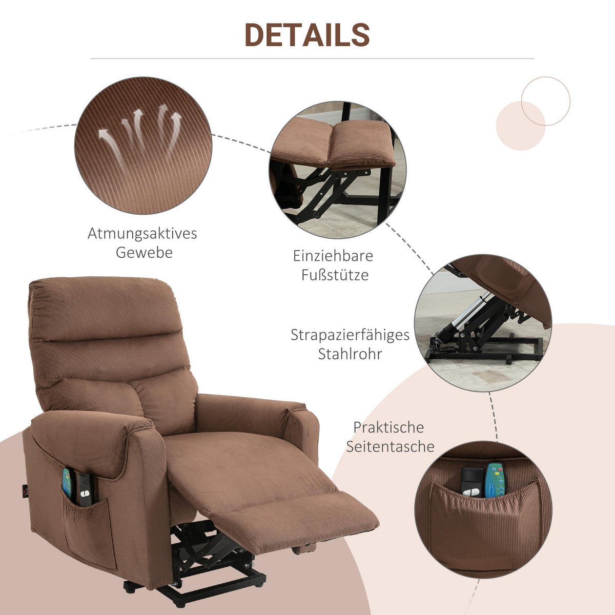 FERNSEHSESSEL Sessel mit Aufstehhilfe mit Massagefunktion Heizung Braun - Schwarz/Braun, Textil/Metall (97/103/79cm) - HOMCOM