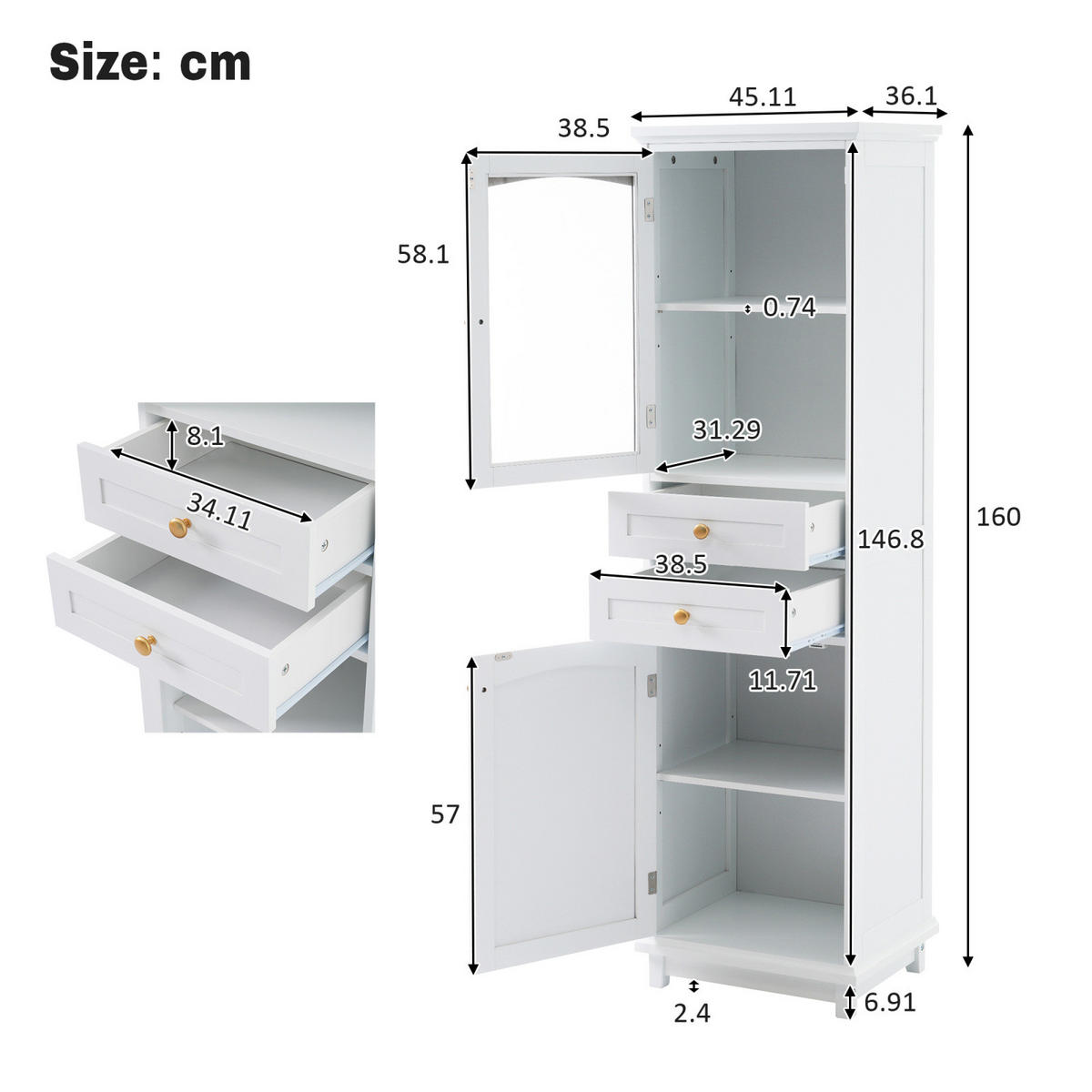 BADEZIMMERSCHRANK mit Glastüren, 2 Schränke, 2 Schubladen, verstellbare Einlegeböden, Weiß - Weiß, Holz (45/160/36cm) - PARAFTA HOME