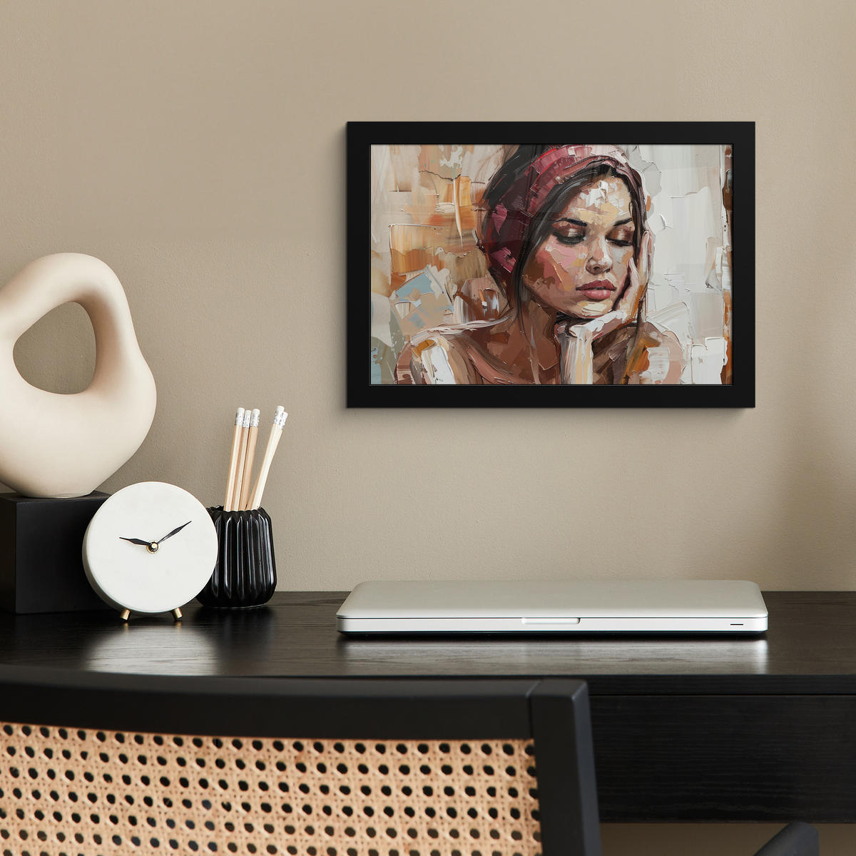 POSTER MIT RAHMEN Frau - Lackierung - Porträt - Modern 30x20 cm - Altrosa, Papier (30/20cm) - MuchoWow