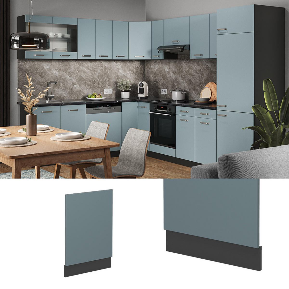 FRONTBLENDE R-Line Blau-Grau 45 cm, AP Eiche - Anthrazit/Blaugrau, Holzwerkstoff (45/57.2/1.6cm) - Vicco