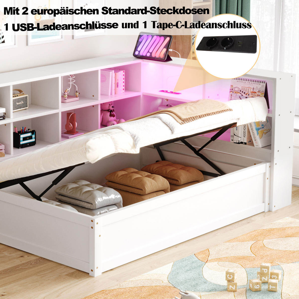 SOFÁKREVET 90x200 Hidraulični spremnik LED Bijelo - bijela, drvo (90/200cm) - FLIEKS