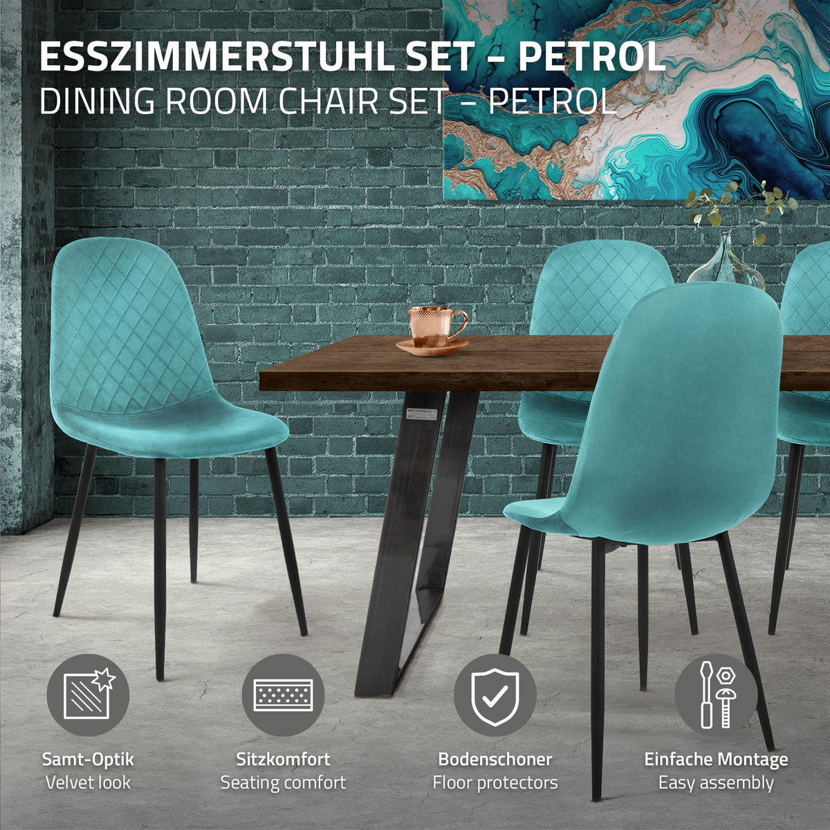 JÍDELNÍ ŽIDLE, sada 4 ks, petrolejový samet - modrá/černá, kov/textil (51/89/44cm) - ML-DESIGN