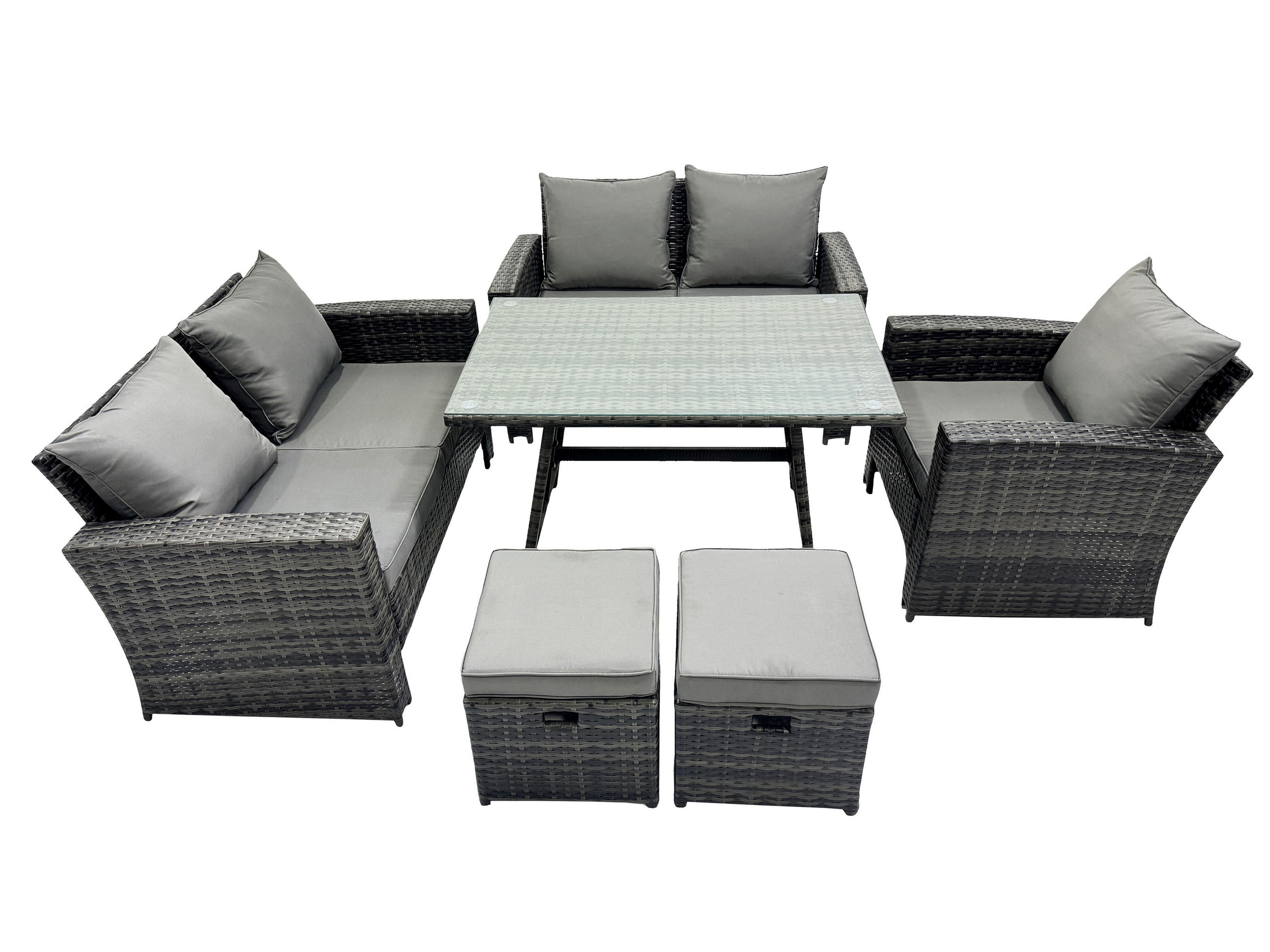 GARTENMÖBELSET mit ESSTISCH,HOCHLEHNER-SOFA Polyrattan Dunkelgrauer Mix 7-Sitzer - Dunkelgrau/Grau, Glas/Kunststoff - Fimous