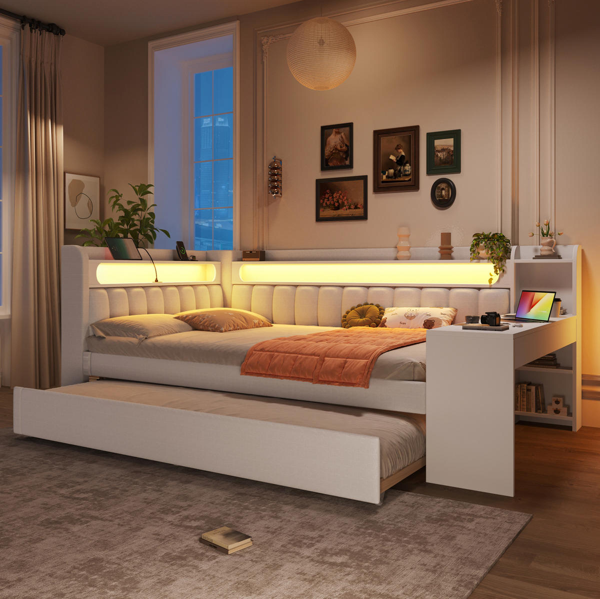 POLSTERBETT 140/200 cm Weiß aus MDF, Sperrholz und Leinen mit Ausziehbett, USB und LED - Weiß, Holzwerkstoff (140/200cm) - OKMYHOME
