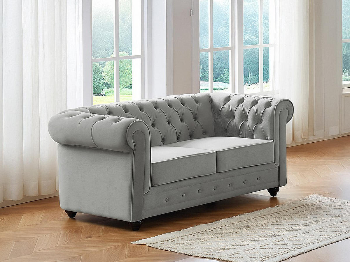 SOFA 2-Sitzer - Samt - Hellgrau - CHESTERFIELD - Hellgrau, Textil (168/72/88cm) - Vente-Unique