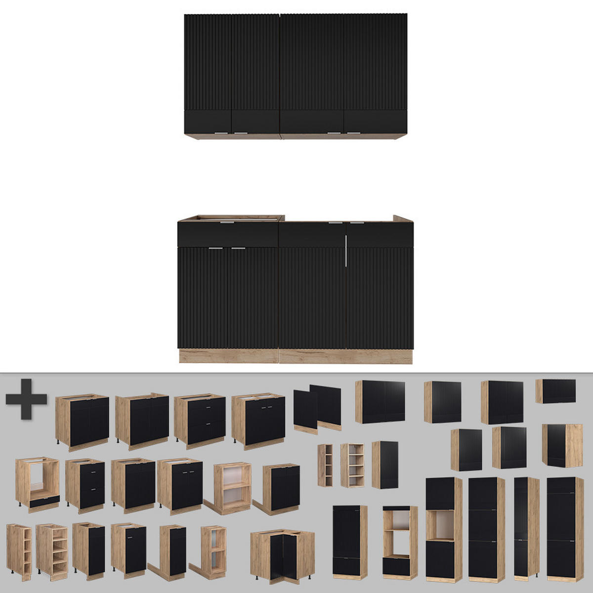 SINGLEKÜCHE Fame-Line, Schwarz gestreift/Goldkraft Eiche, 140 cm ohne Arbeitsplatte - Honigeiche/Schwarz, Holzwerkstoff (140/81.6/46cm) - Vicco