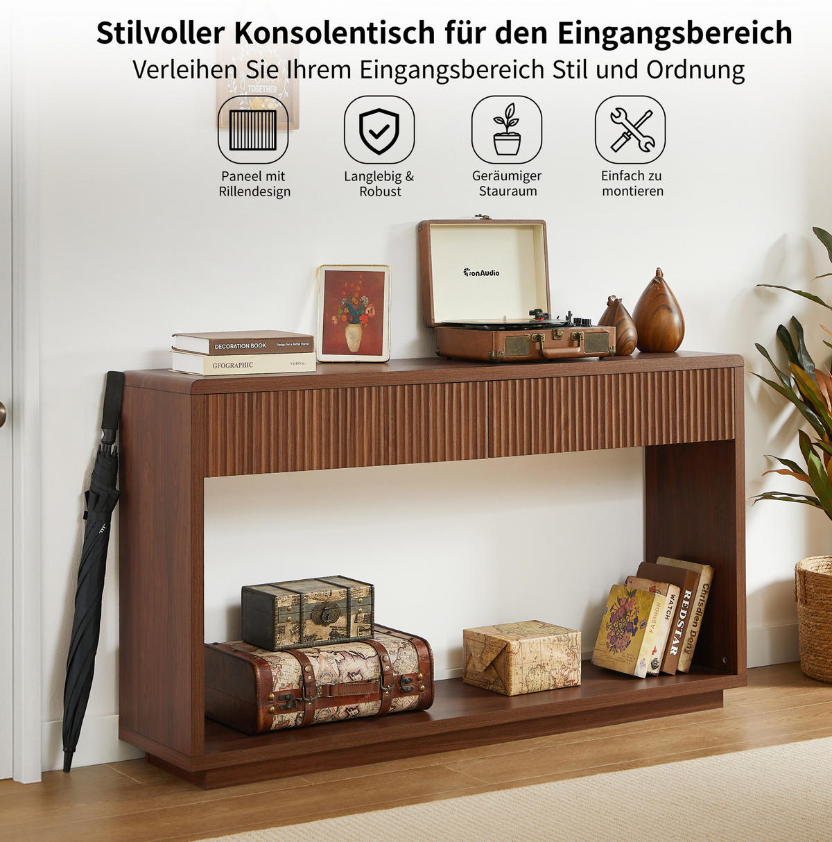 KONSOLENTISCH aus Spanplatte und MDF 150x35x85 cm Nussbaum mit 2 Schubladen und offenem Ablagefach - Walnussfarben, Holzwerkstoff (150/35/85cm) - IVMEU