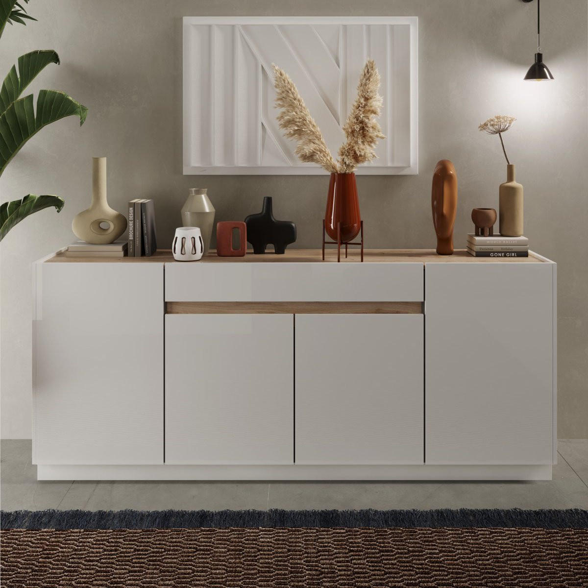 SIDEBOARD mit 4 Türen & 1 Schublade - Weiß & Holzfarben - EMORA - Naturfarben, Holz (40/87/205cm) - Vente-Unique