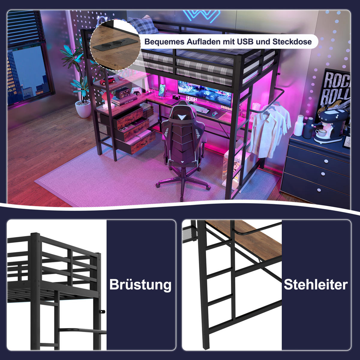 HOCHBETT 90/200 cm Schwarz aus Metall und MDF mit Schreibtisch - Schwarz, Metall (90/200cm) - OKMYHOME