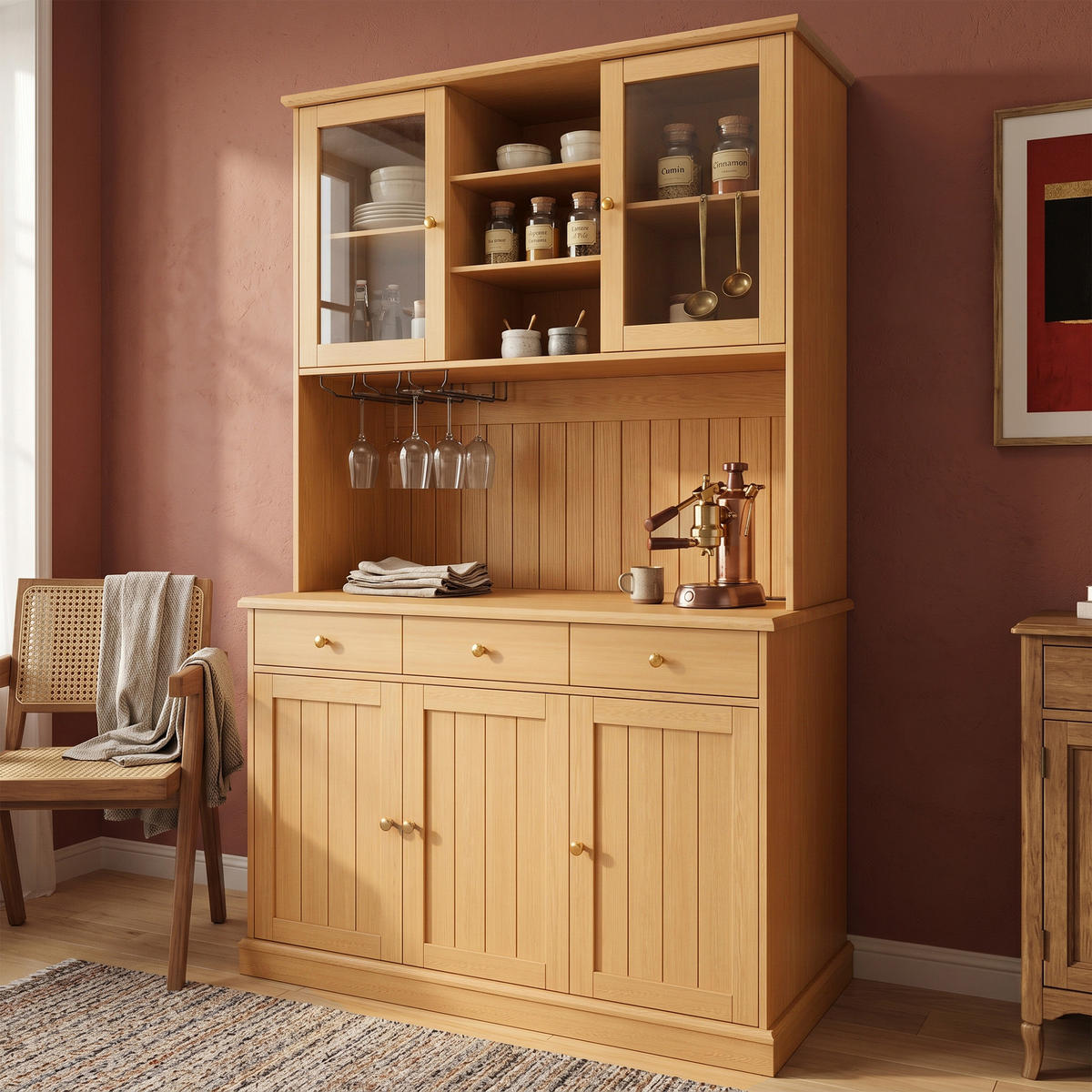 BUFFETSCHRANK DE-38594 120/40/191 cm Glastüren und integrierte Steckdose Natur - Naturfarben, Holzwerkstoff (120/191/40cm) - ComfortXL