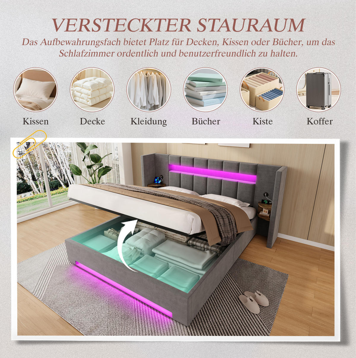BETT mit Stauraum, USB & LED 180x200 cm Samt Dunkelgrau - Dunkelgrau, Metall (180/200cm) - Meubliv