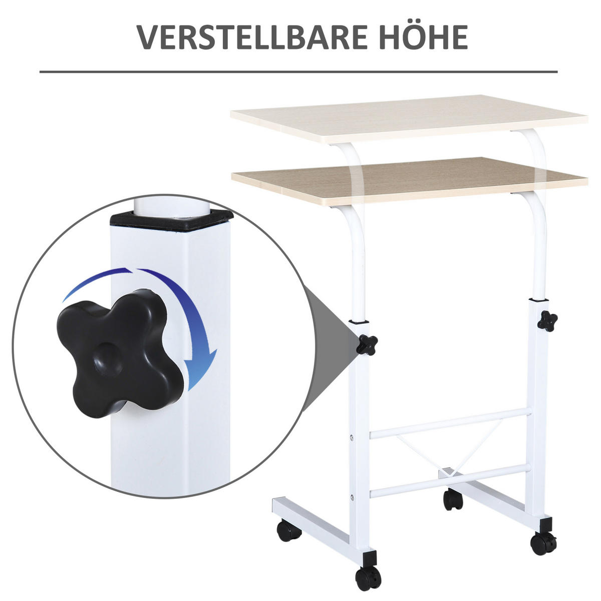 BEISTELLTISCH höhenverstellbar 60 x 40 cm mit Rollen Maple - Weiß, Metall (60/40/78cm) - Meubliv
