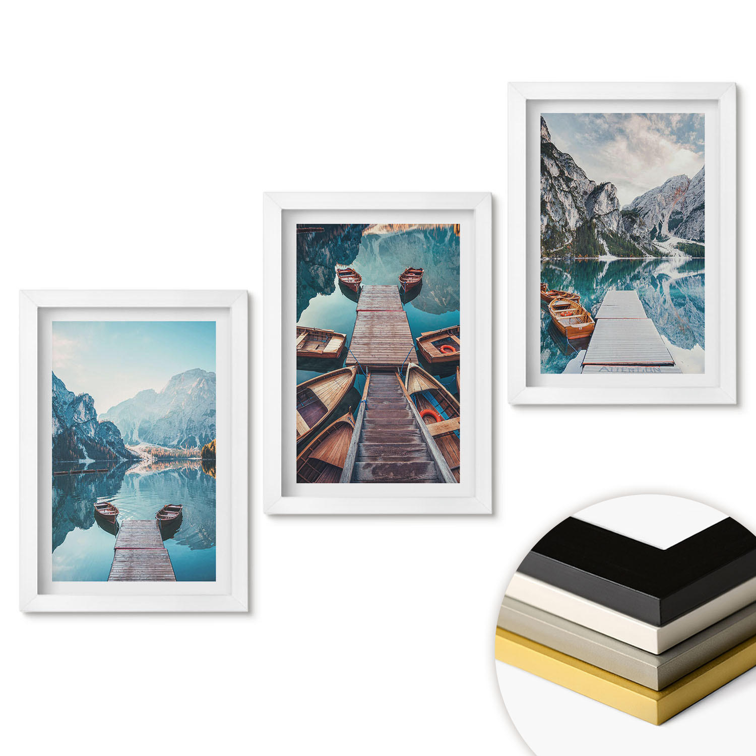 WANDBILDER 3er-Set - 20x30 cm Weißer Rahmen - Seebrücken, Boote, Frieden - Weiß, Kunststoff (20/30cm) - ArtPrintCave