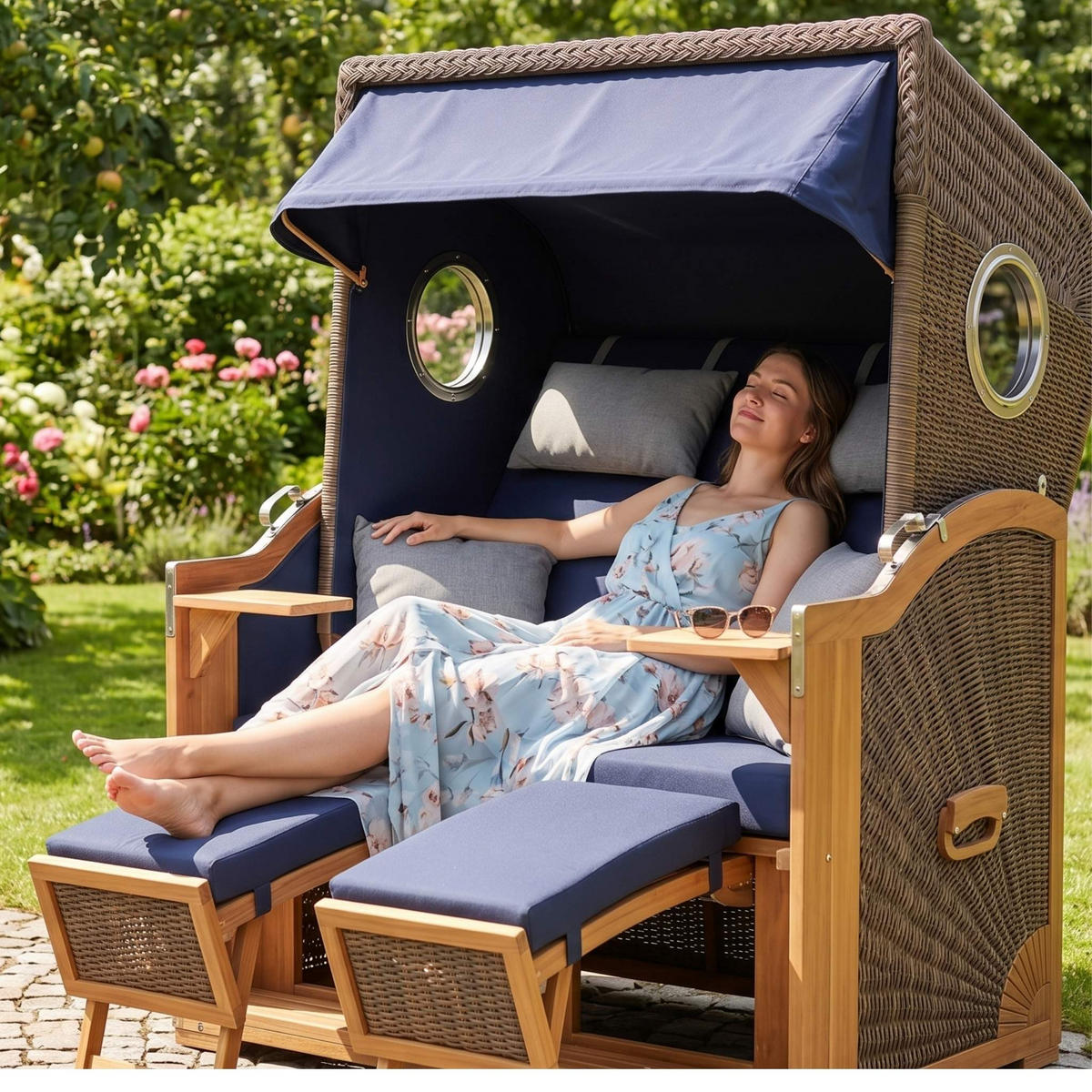 STRANDKORB XL Schillig Bullauge - Blau/Braun, Metall (142/170/95cm) - Mr. Deko