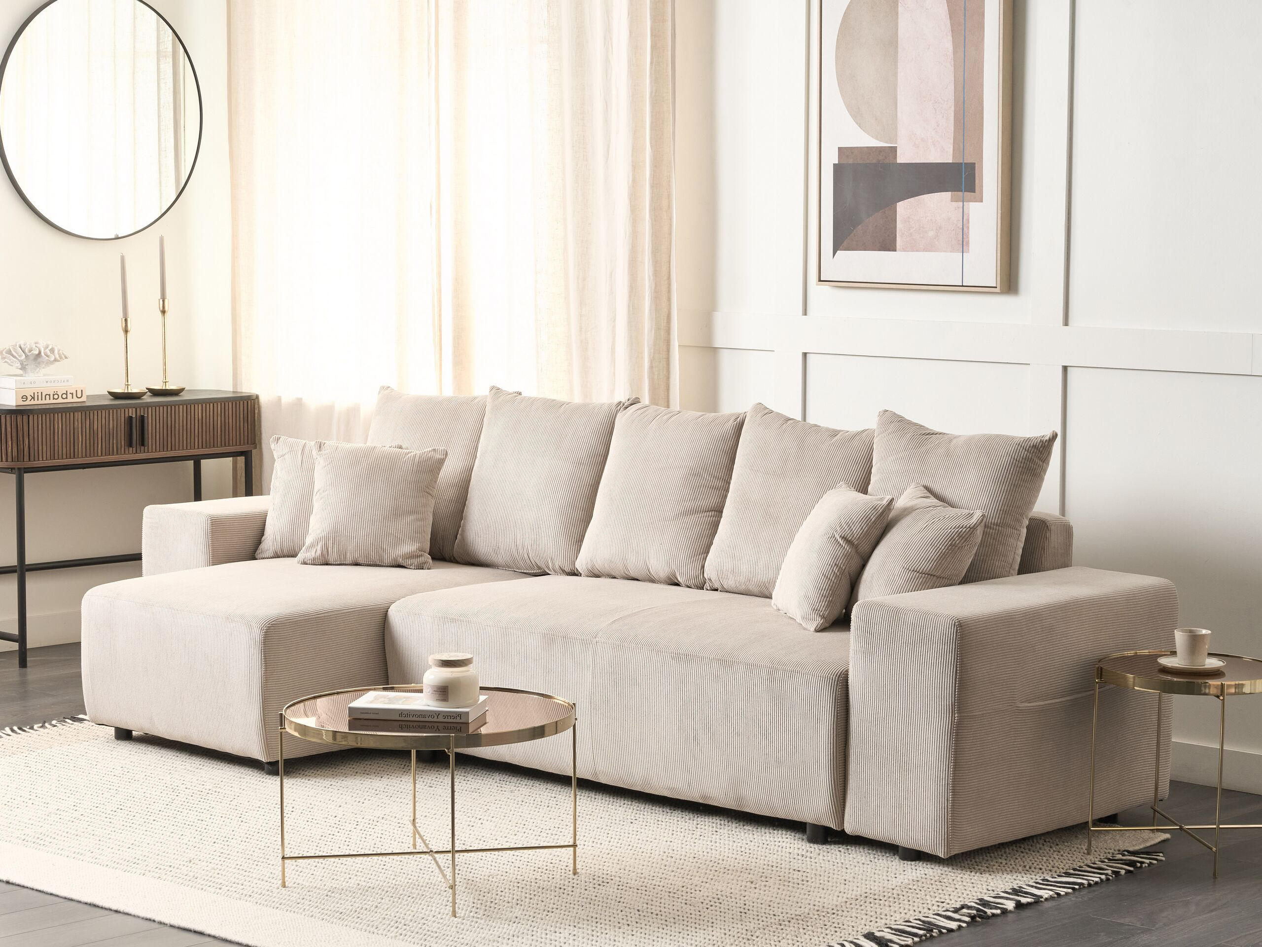 3-SITZER-ECKSOFA Cord taupe linksseitig mit Schlaffunktion Stauraum Luspa - Taupe/Schwarz, Textil (294/130cm) - Beliani