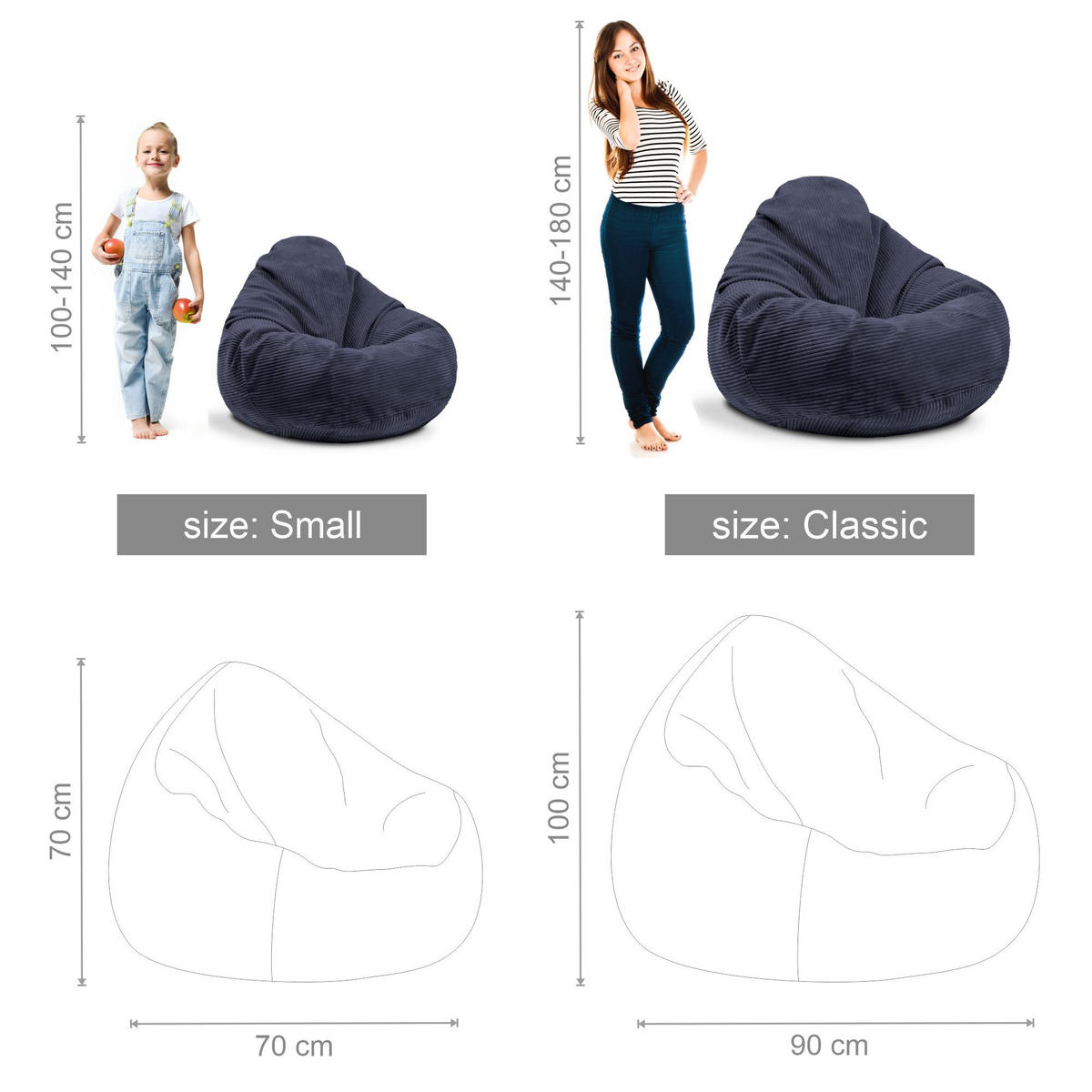 SITZSACK PARADISE MIT FUßSTÜTZE Kordsamt 2-tlg Blueberry Pie M - Dunkelblau, Textil (90/100/90cm) - Dreamroots