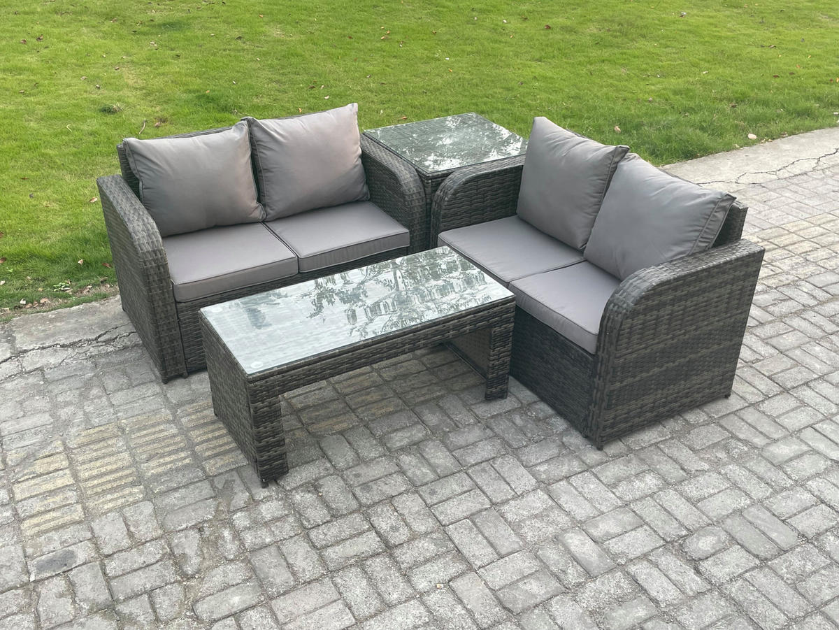 GARTENSOFA SET mit BEISTELLTISCH COUCHTISCH Polyrattan 4-Sitzer - Dunkelgrau/Grau, Glas/Kunststoff - Fimous