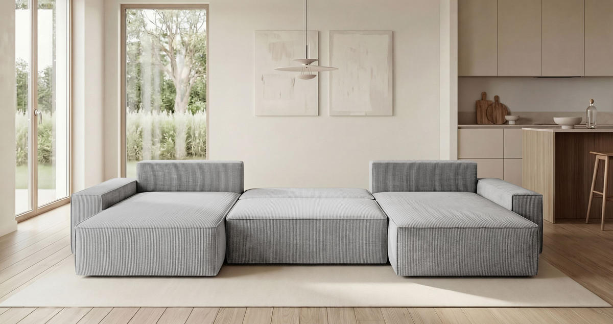 ECKSOFA CALIFORNIA U-Form grau Cord POSO 55 - Schlaffunktion, Bettkasten - Grau, Textil (385/185cm) - Cornero