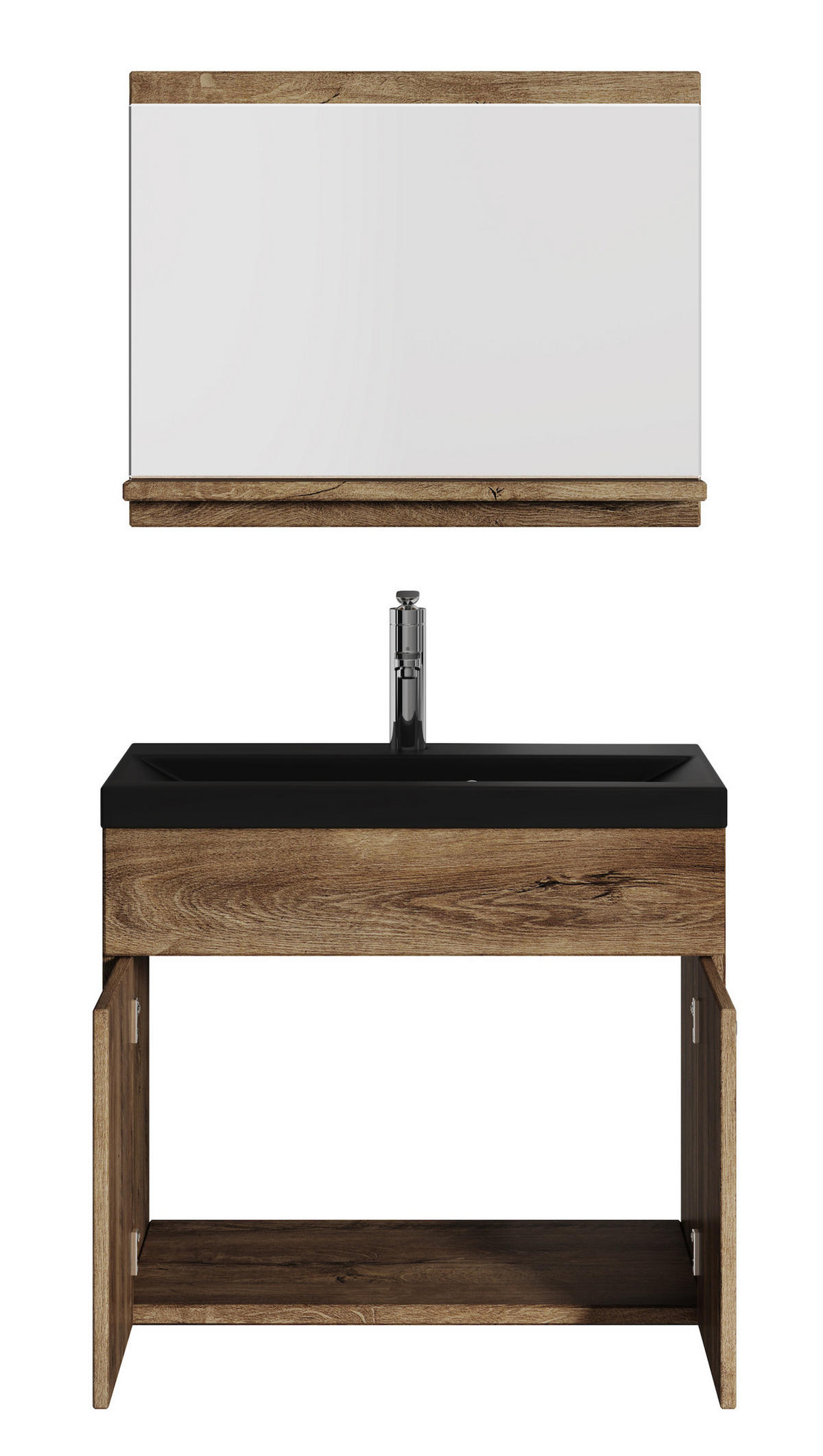 BADMÖBEL-SET Montreal 3 Teile Braun Eiche - Schwarze Waschbecken - 60 x 35 x 51 cm - Eichefarben/Schwarz, Holz (60/51/35cm) - Badplaats