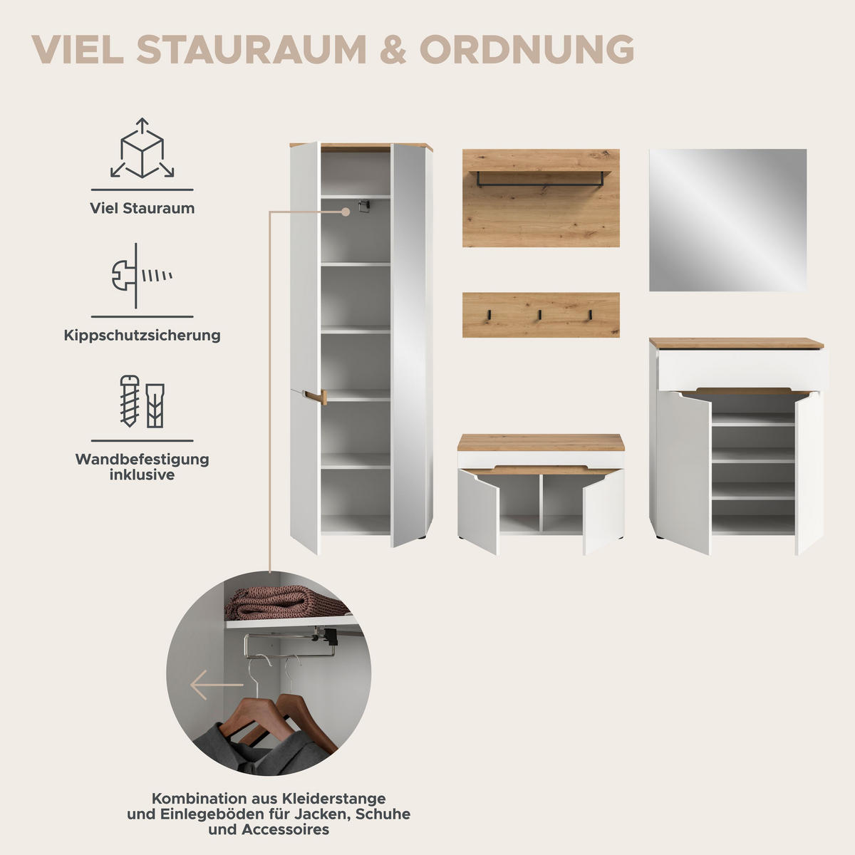 GARDEROBEN-SET 4tlg. Nova (B/H/T: 160x190x37 cm) in Weiß - Weiß, Holzwerkstoff (160/190/37cm) - Homes & Jones